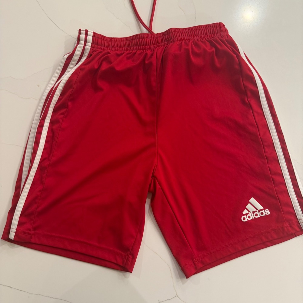 Adidas Kids Red Athletic Shorts Aeroready White‎ Stripes Drawstring